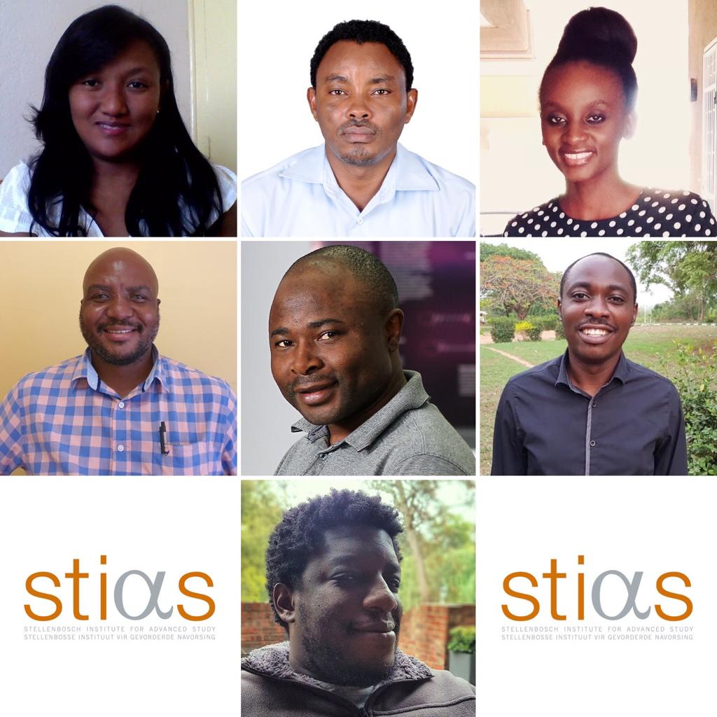 The 2020 cohort of Iso Lomso fellows, by row from top left: Nasandratra Ravonjiarison, Arcade Ndoricimpa, Elina Amadhila, Edwin Madala, Etienne Wamba, Lukman Abdulrauf, Wamuwi Mbao