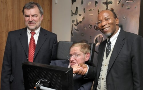 Mr Mosibudi Mangena at STIAS with Stephen Hawking and Prof Hendrik Geyer (STIAS Director) during the 2008 inauguration of the National Institute for Theoretical Physics (NITheP).